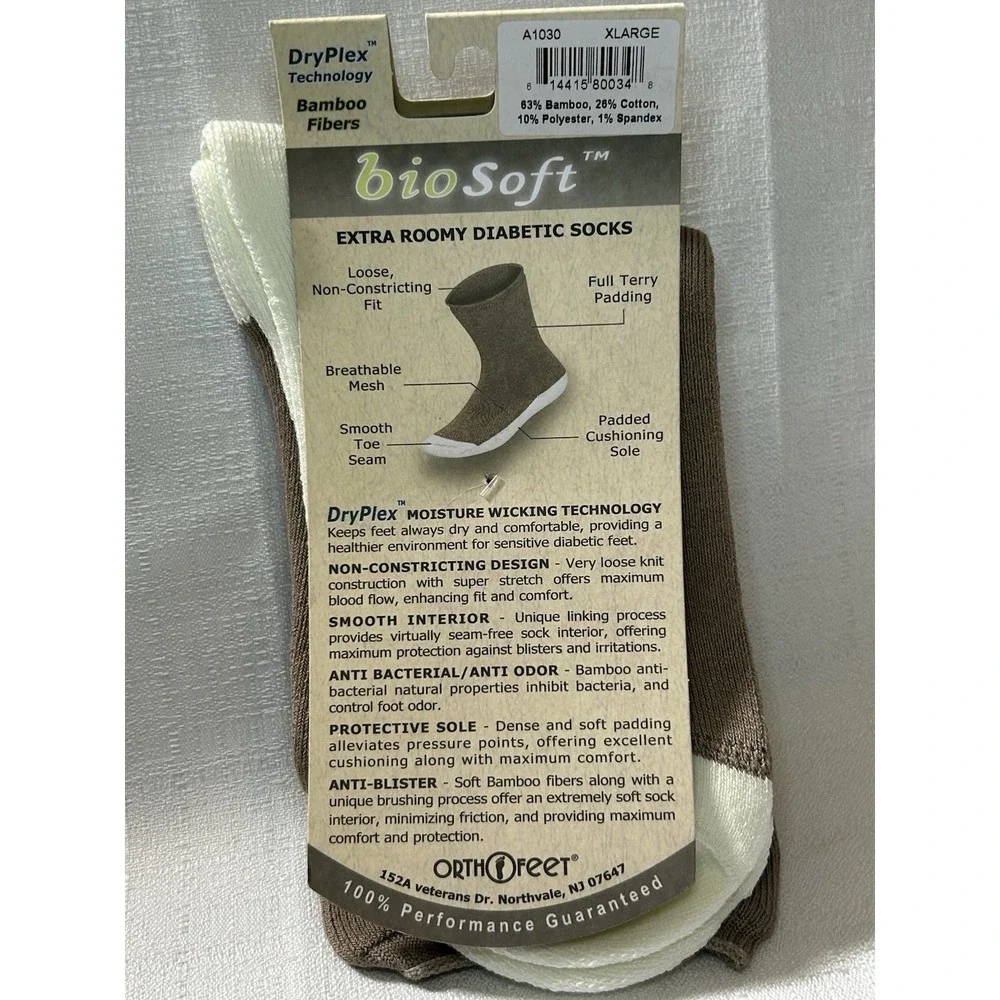 Orthofeet Biosoft Diabetic Socks Sz XL 12-15 Bamboo Fibers DryPlex Technology‎